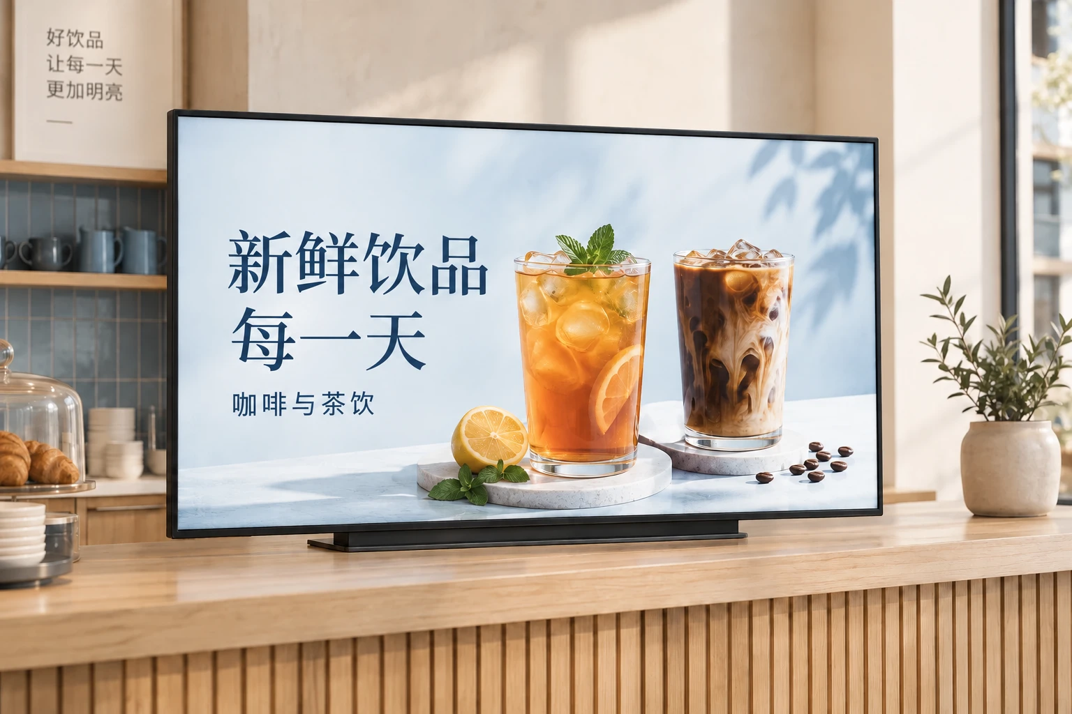 广告标牌品牌场景图，浅木色咖啡馆内的屏幕展示蓝白饮品海报